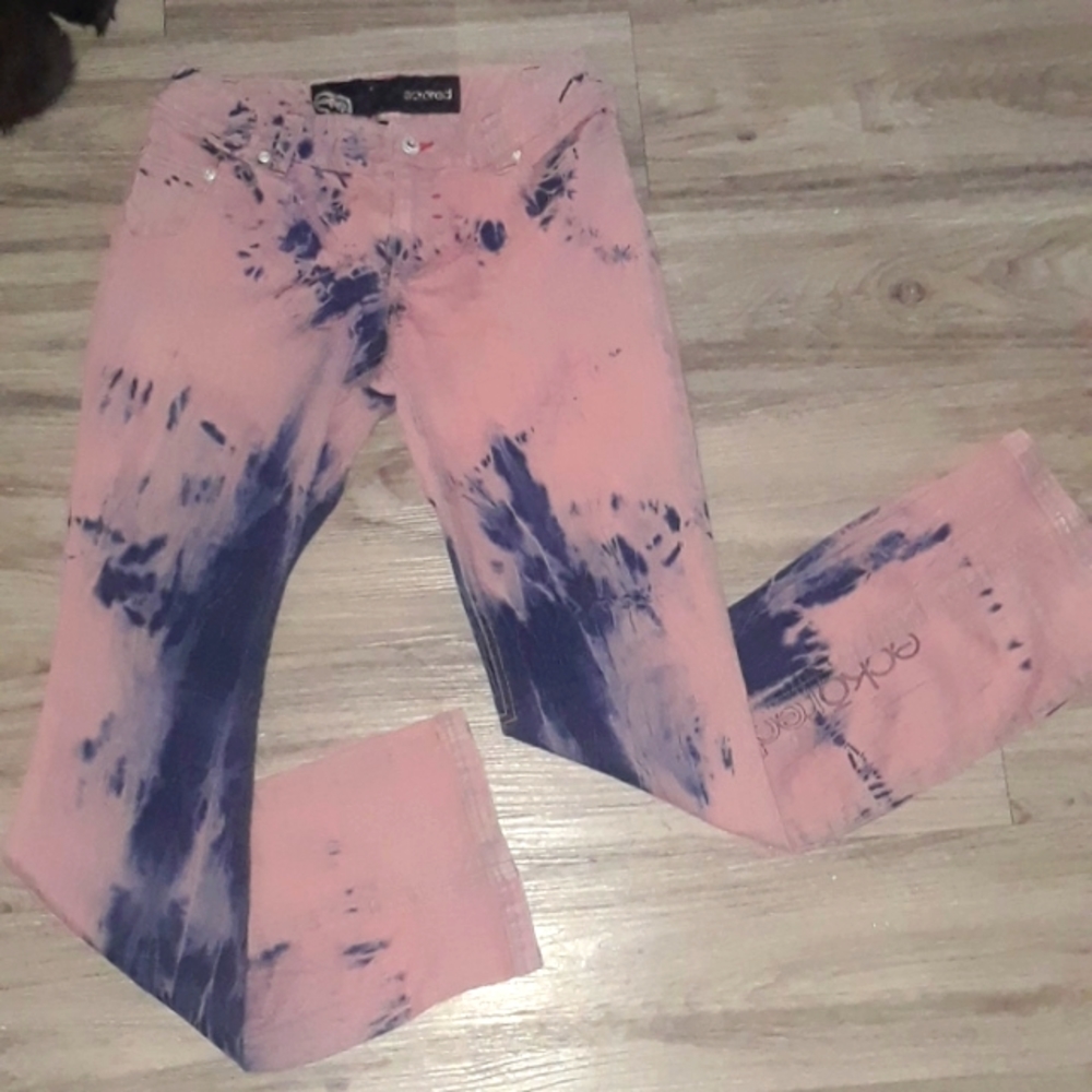 Ecko Red Pink and Blue Denim Jeans Bleached Straight Leg 7